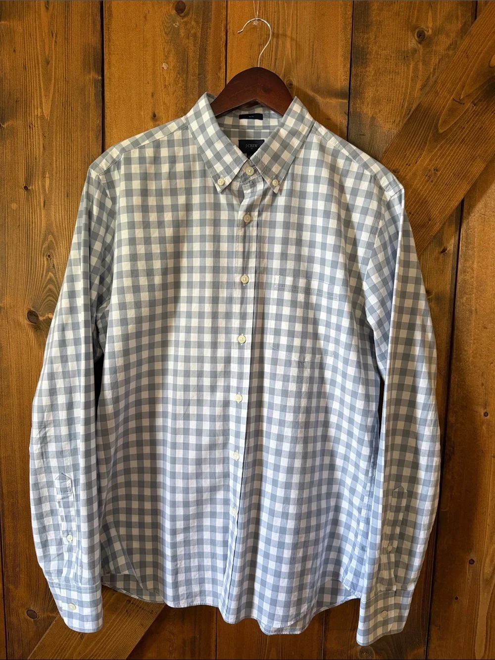 J. Crew Men’s Slim Fit Light Blue and White Gingham Button-Down Shirt